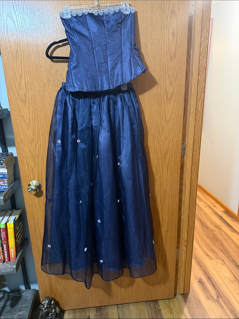 Strapless Navy Blue Tulle Prom Dress with Floral Accents